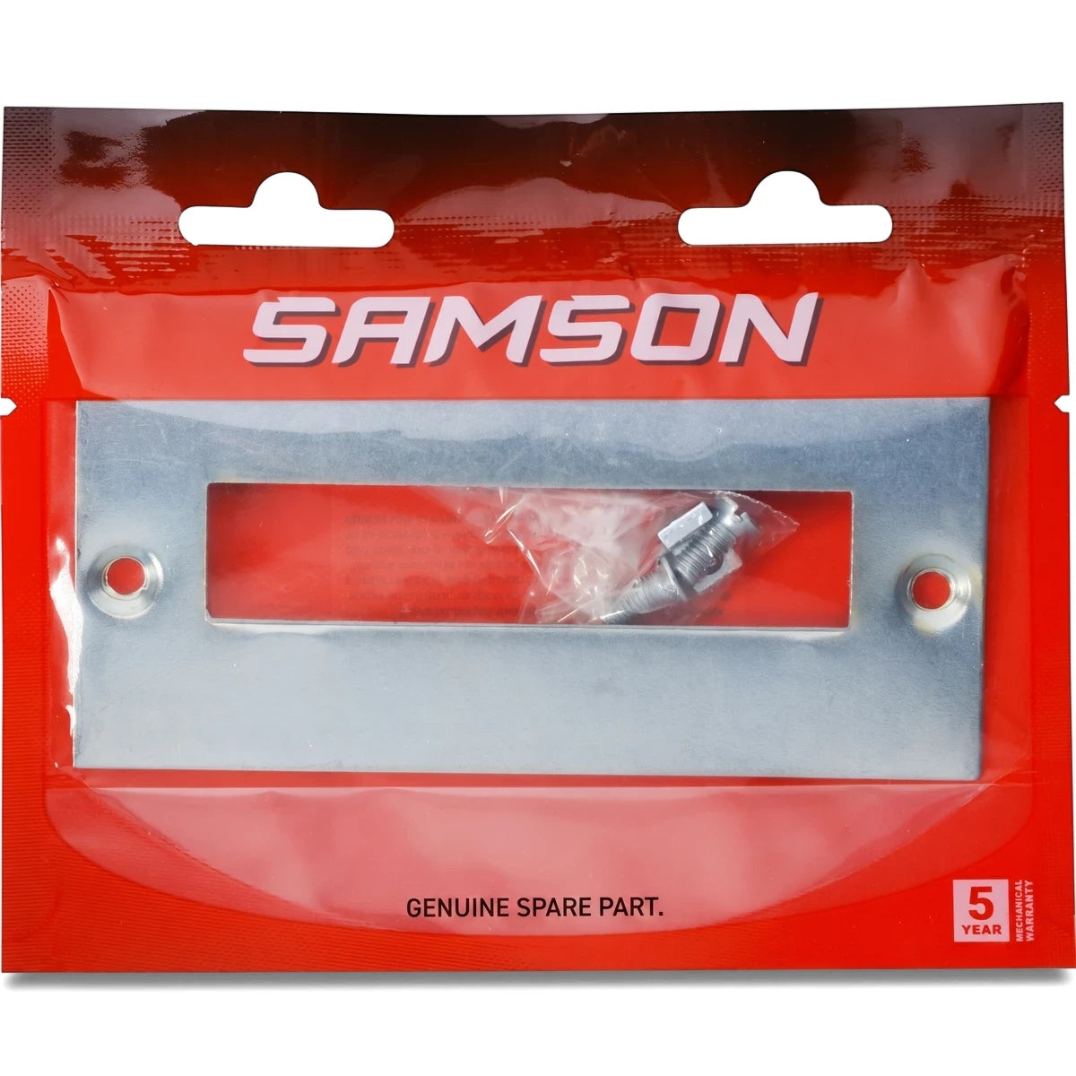 Samson zinc-plated metal striker plate for locks and latches, presented in clear and red retail packaging.
