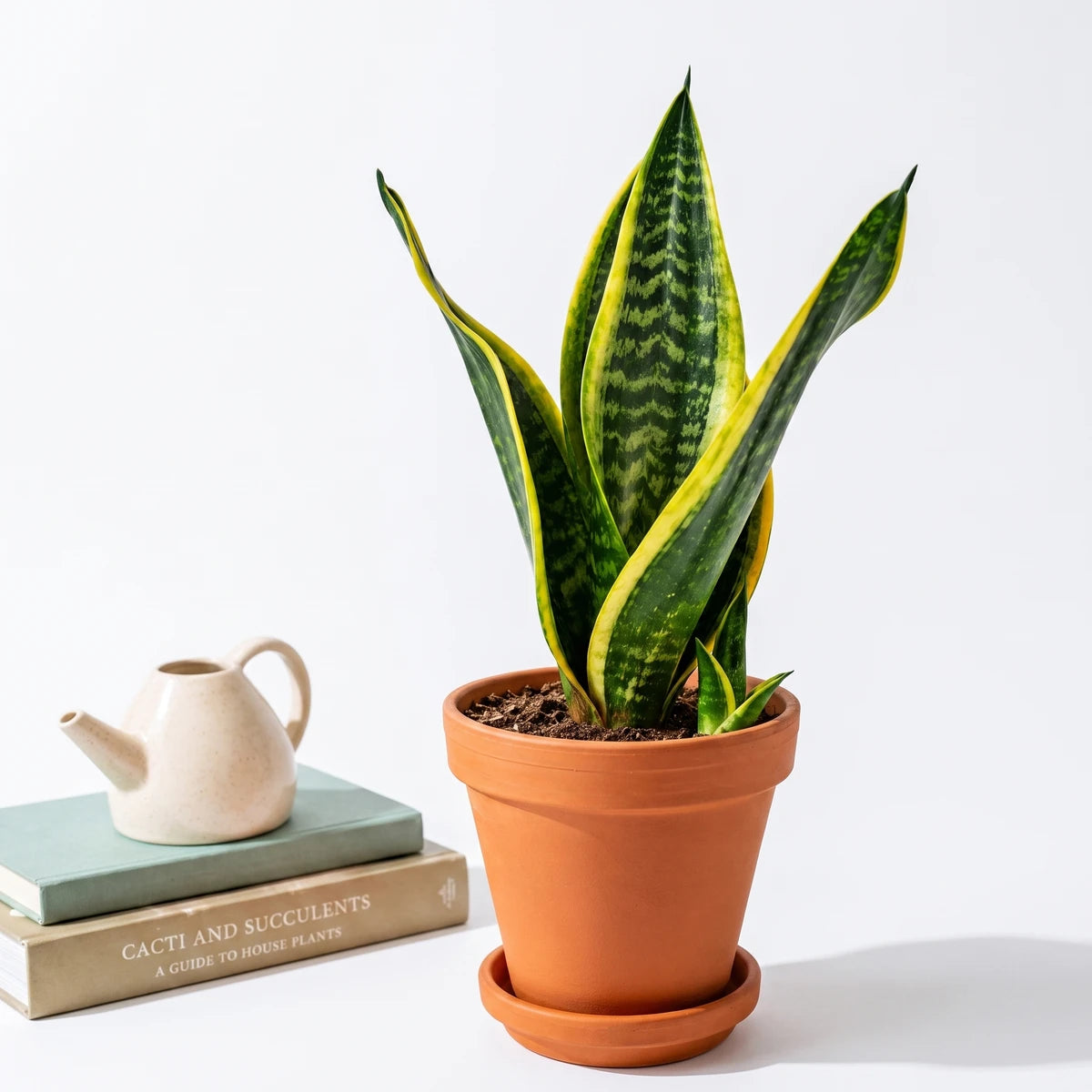 Sansevieria Golden Futura Snake Plant in a terracotta pot, showcasing its striking green and yellow variegated leaves.