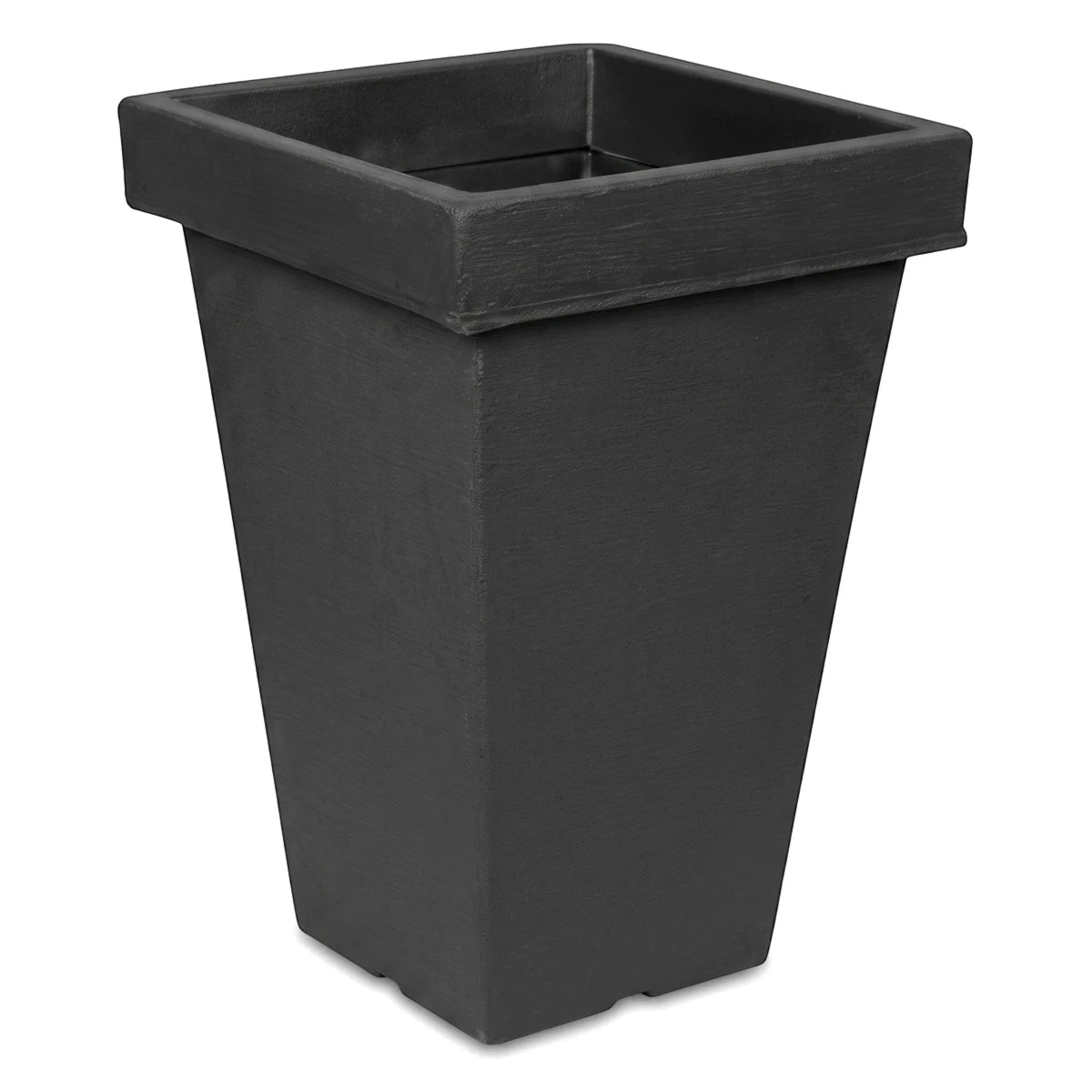 Black Sardinia 38cm plant pot with a square opening and tapered matte finish, photographed from a slightly elevated angle.