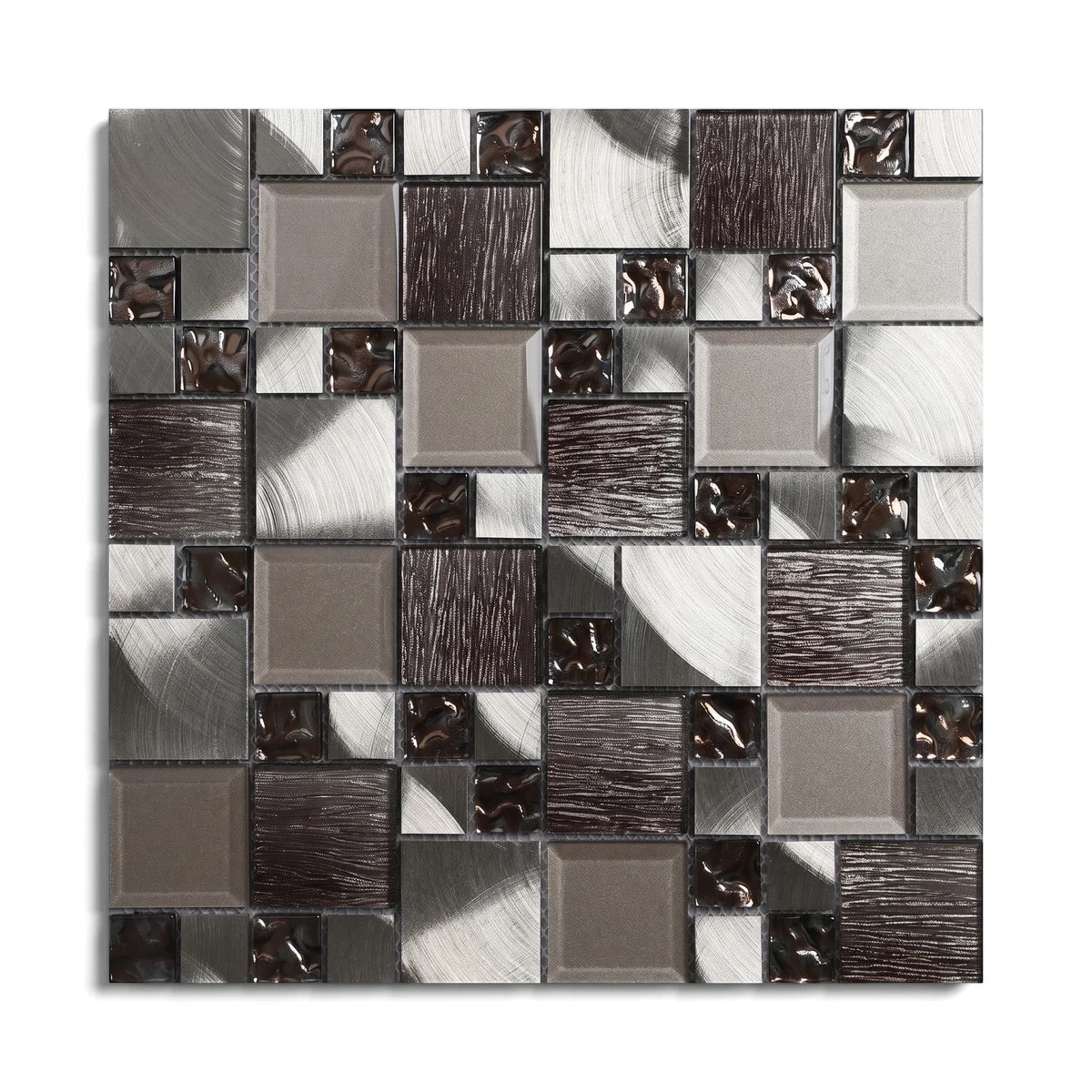 Saturn Square Mosaic Tile featuring a blend of silver, gray, and brown metallic textured pieces for a contemporary look.