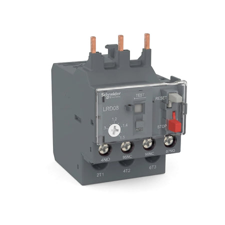 Schneider Electric 5.5-8.0A Overload Relay in grey and clear plastic, shown from an angled view.