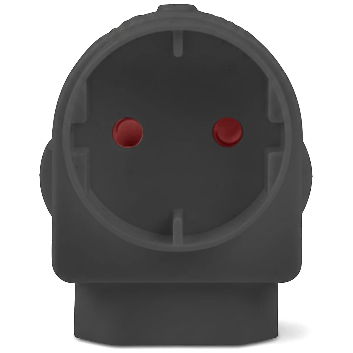 Front view of a dark gray Schuko and Euro combo plug adapter with two red circular inserts, designed for electrical use.
