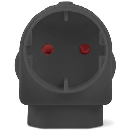 Front view of a dark gray Schuko and Euro combo plug adapter with two red circular inserts, designed for electrical use.