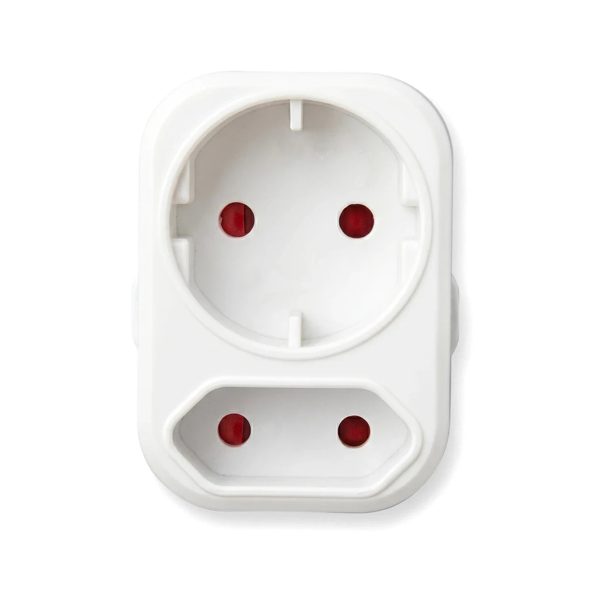 Schuko & Euro Combo Plug Adapter in white, front view with dual round pin sockets for European power outlets.