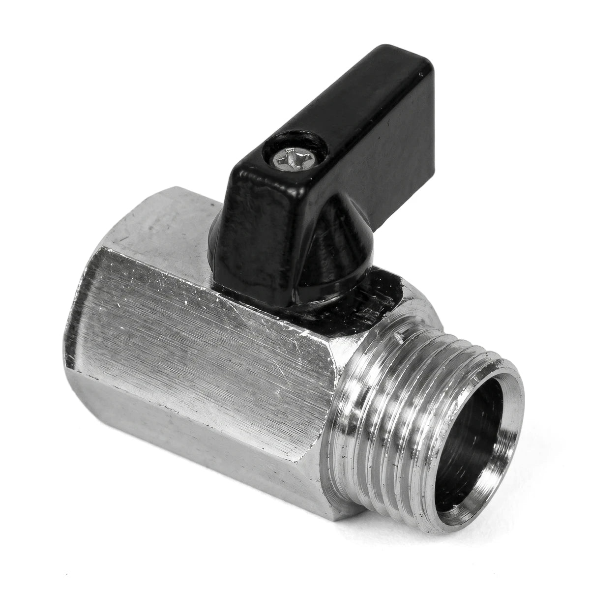 A silver metal Screw Ball O-Stop Valve, 1/2-inch, with a black quarter-turn handle, featuring a threaded male end, displayed