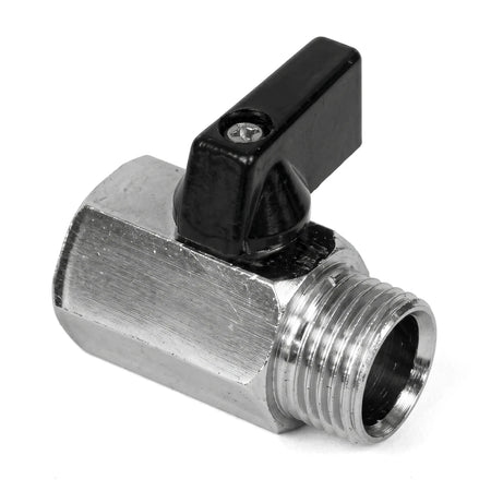 A silver metal Screw Ball O-Stop Valve, 1/2-inch, with a black quarter-turn handle, featuring a threaded male end, displayed