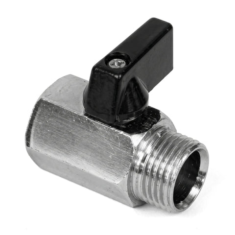 A silver metal Screw Ball O-Stop Valve, 1/2-inch, with a black quarter-turn handle, featuring a threaded male end, displayed