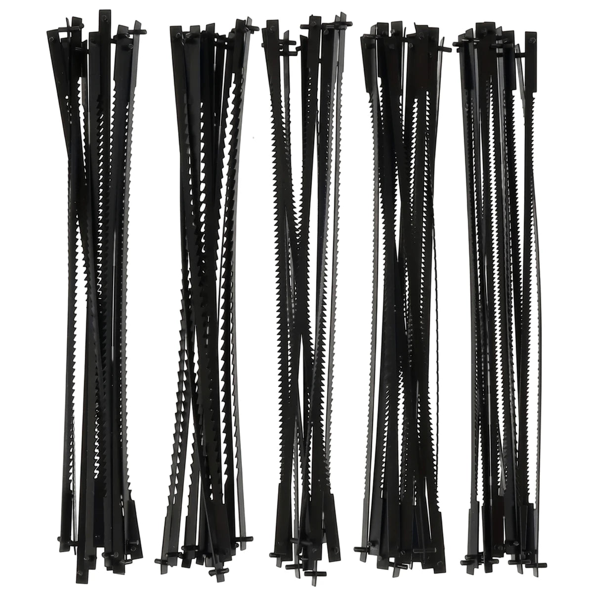 Five bundles of black scroll saw blades for accessory set, shown standing vertically against a white background.