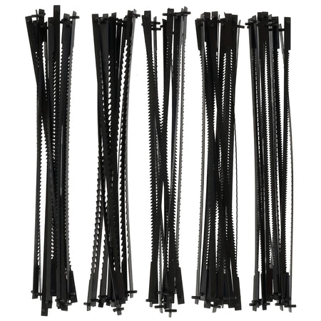 Five bundles of black scroll saw blades for accessory set, shown standing vertically against a white background.