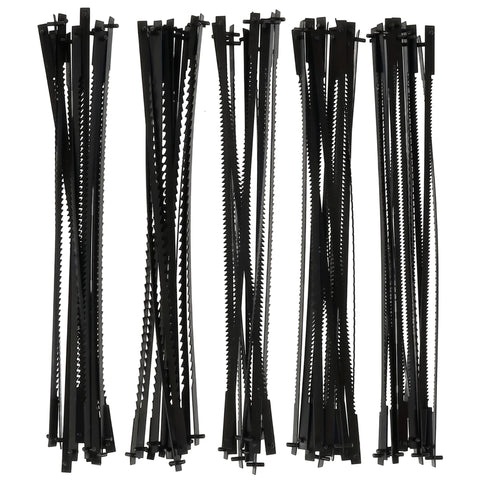 Five bundles of black scroll saw blades for accessory set, shown standing vertically against a white background.