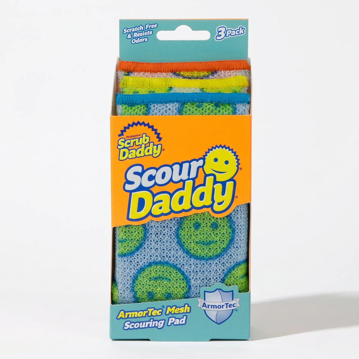 Scrub Daddy Scour Daddy ArmorTec Mesh Scouring Pad 3-pack in a retail box, showing multi-colored pads. Scratch-free and