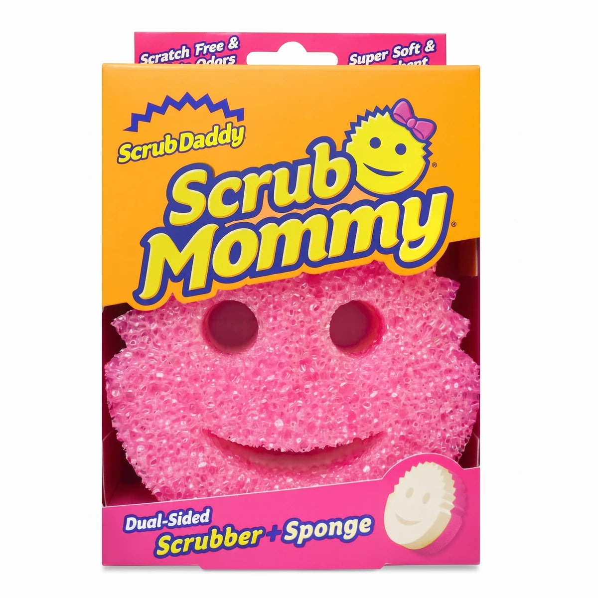 Scrub Daddy Scrub Mommy dual-sided pink scrubber and sponge in its vibrant retail packaging, shown front-on.