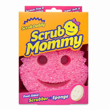 Scrub Daddy Scrub Mommy dual-sided pink scrubber and sponge in its vibrant retail packaging, shown front-on.