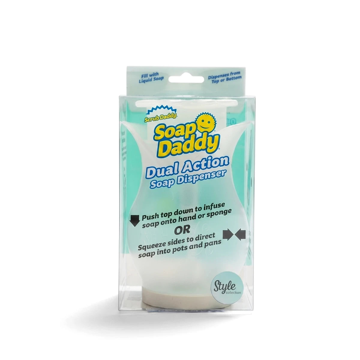 Scrub Daddy Soap Daddy Dual Action Soap Dispenser in clear packaging with visible instructions and branding, for kitchen or