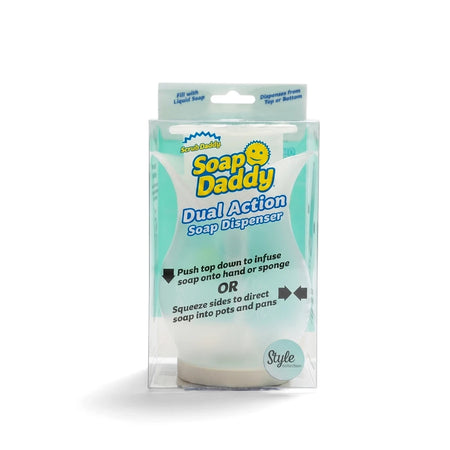 Scrub Daddy Soap Daddy Dual Action Soap Dispenser in clear packaging with visible instructions and branding, for kitchen or