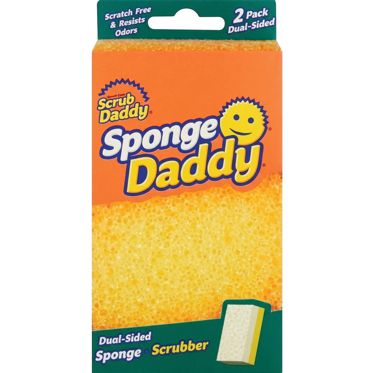 Scrub Daddy Sponge Daddy 2-pack dual-sided sponges in orange and green retail packaging, featuring yellow sponges for