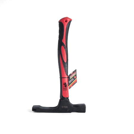 Scutch hammer with a red and black fiberglass handle and a black metal head, designed for chiseling and masonry work.