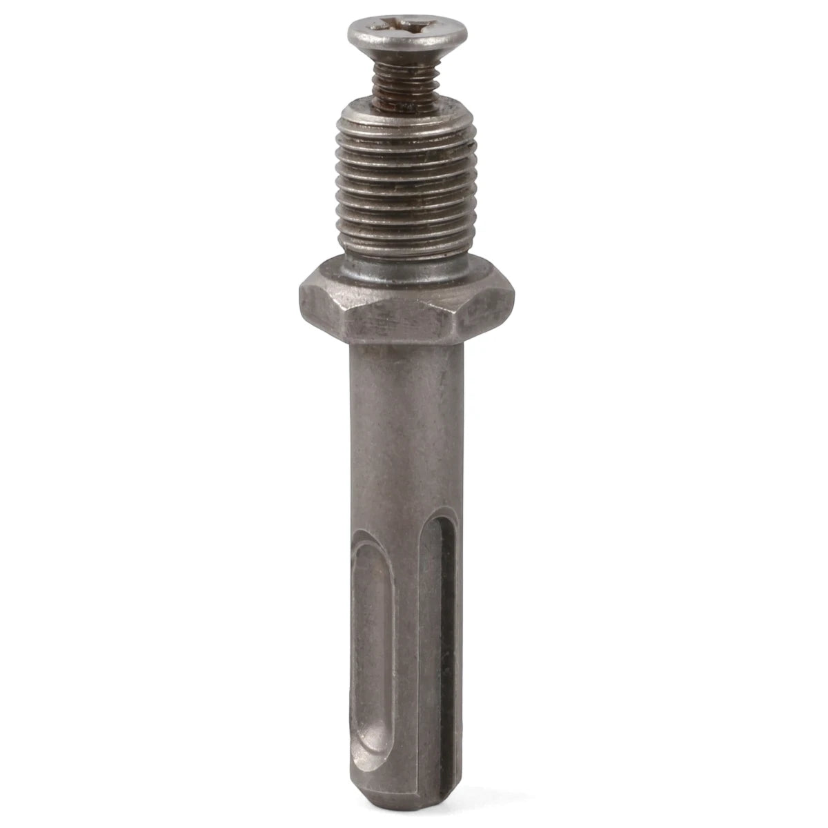 Metal gray Sds Drill Chuck Adapter with a threaded end and an SDS-plus shaft, shown vertically oriented.