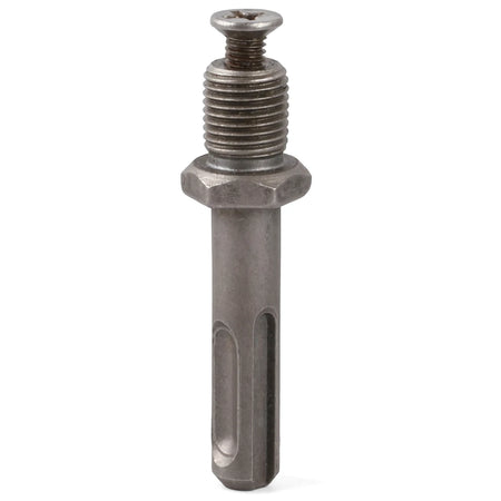Metal gray Sds Drill Chuck Adapter with a threaded end and an SDS-plus shaft, shown vertically oriented.