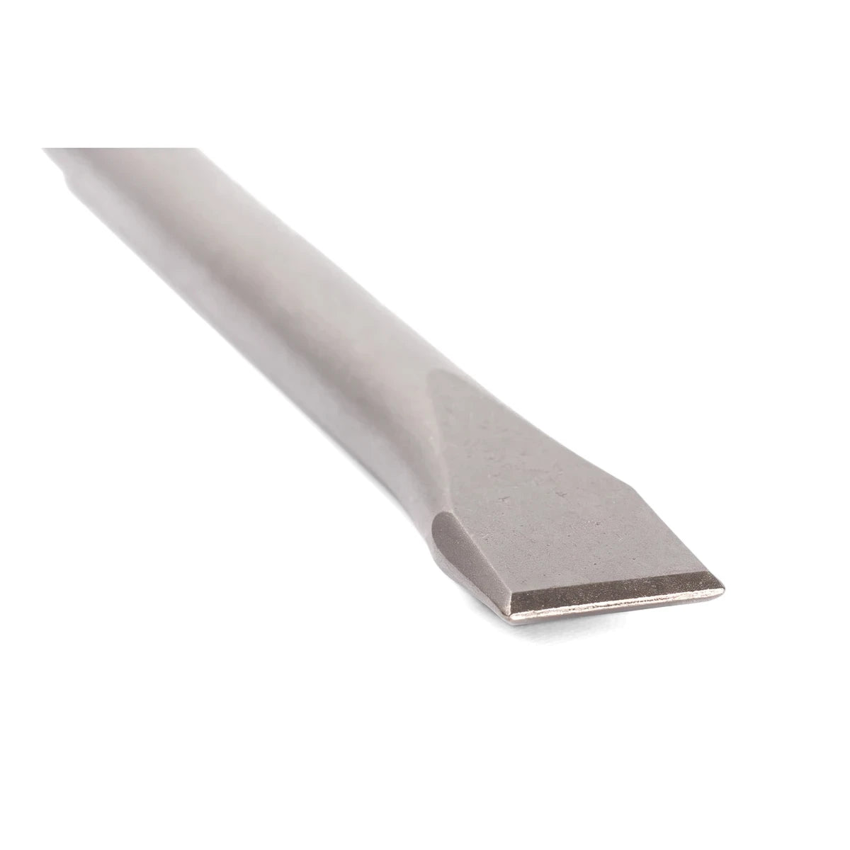 Close-up of a grey metallic SDS Plus flat chisel tip, 25 x 280mm, angled against a white background.