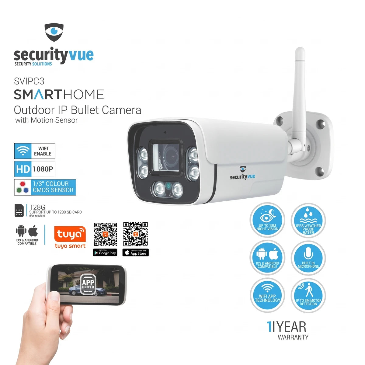 White SecurityVue SmartHome Outdoor IP Bullet Camera SVIPC3 with motion sensor and Wi-Fi, shown from a front-right angle.