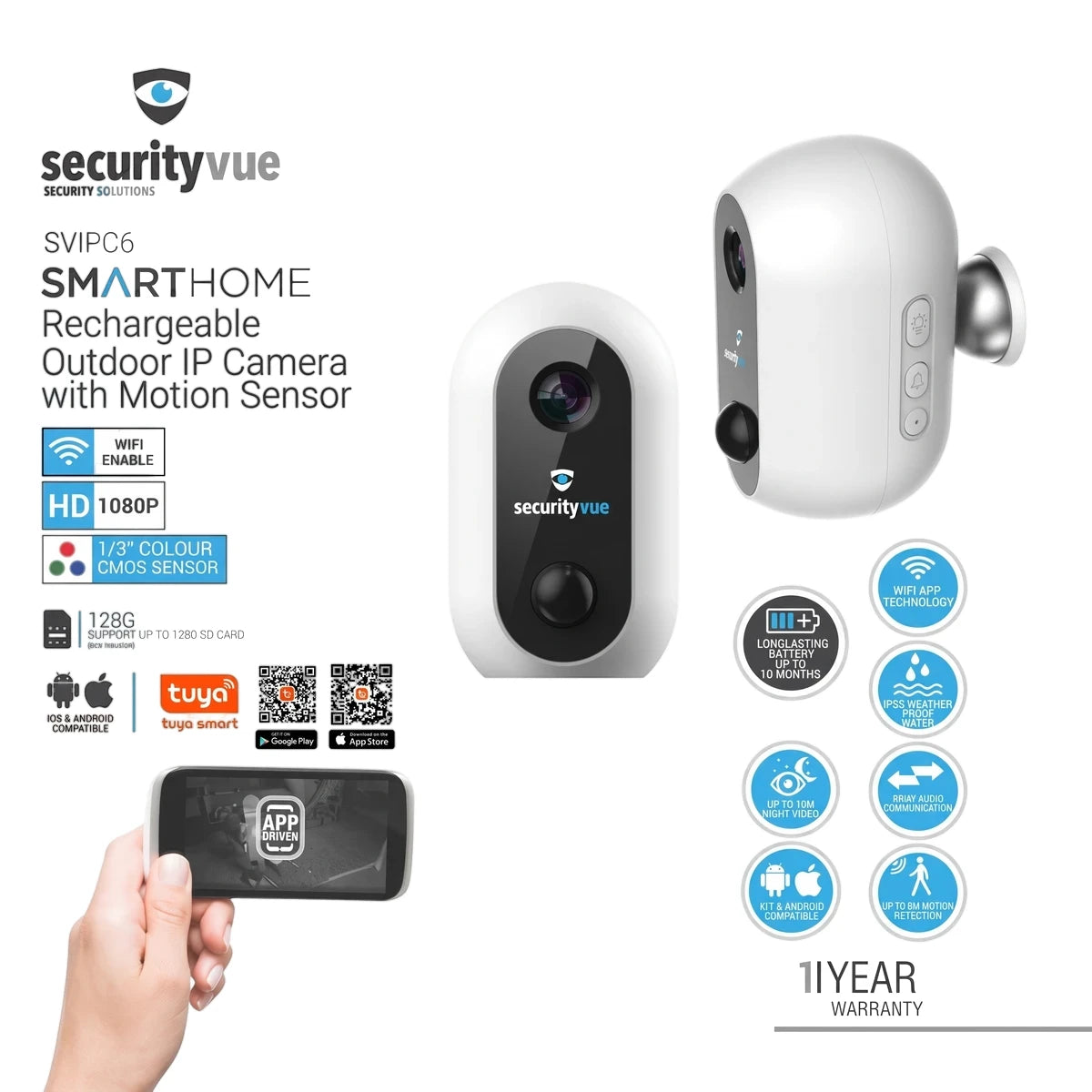 Two white SecurityVue SVIPC6 SmartHome rechargeable outdoor IP cameras with motion sensors, one from front, one from side,