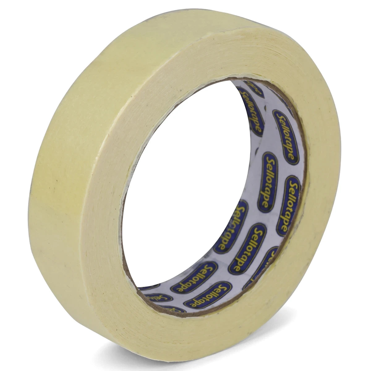 Light yellow 'Sellotape' brand masking tape roll positioned diagonally on a plain white background.