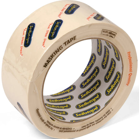 Sellotape professional quality masking tape roll, cream-colored, 48mm wide by 40m long, for general and painting use.