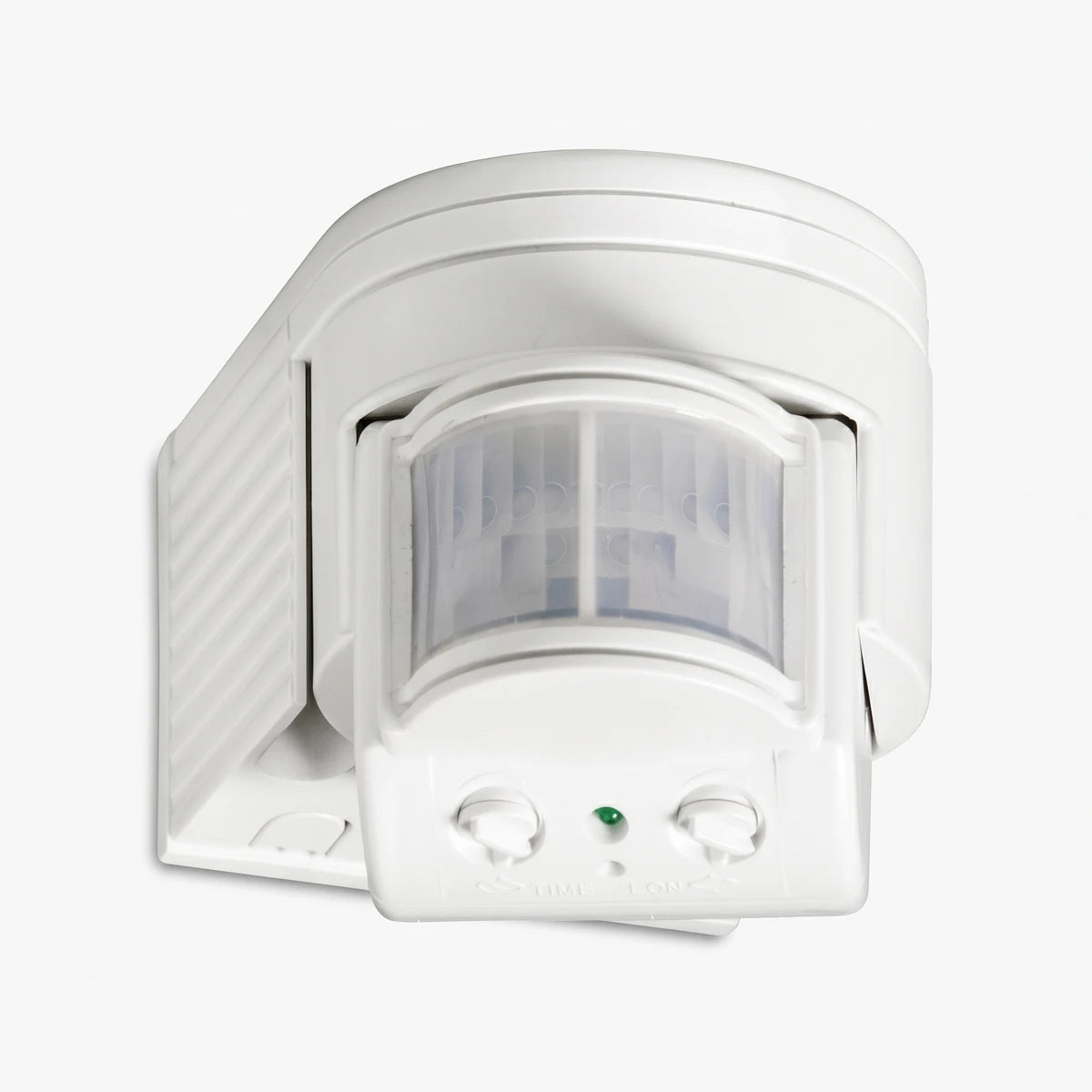 White outdoor infrared motion sensor with 180-degree detection angle, designed for security and automation.