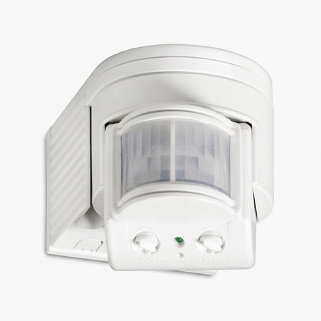 White outdoor infrared motion sensor with 180-degree detection angle, designed for security and automation.