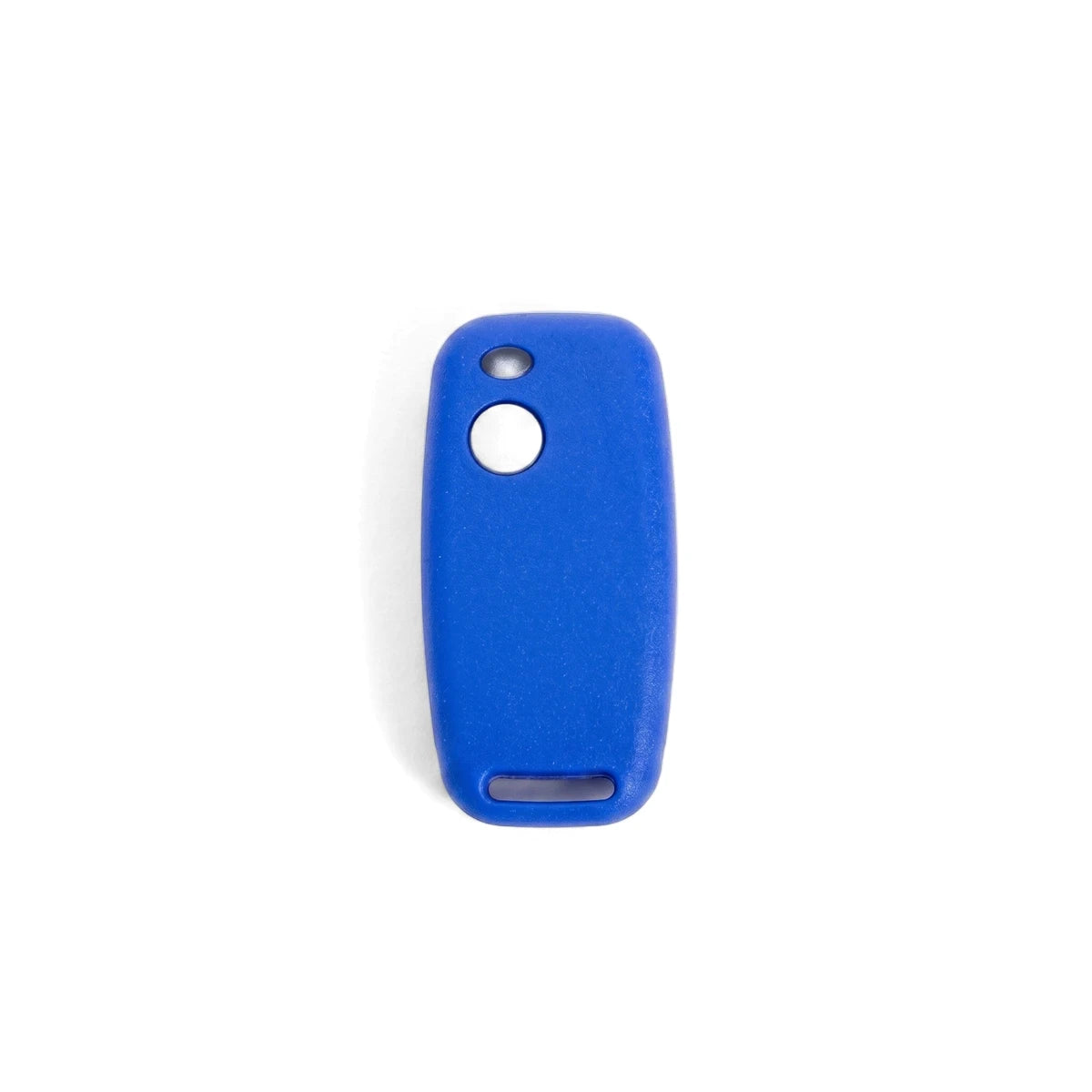 Blue Sentry-1 Button Learn 403Mhz Remote Transmitter with a single silver button and key ring slot.