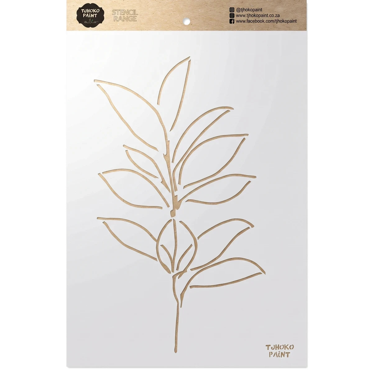 Serene Eucalyptus (2021-A4-03) paint stencil featuring a delicate leaf and bud design in beige lines on a light gray sheet.