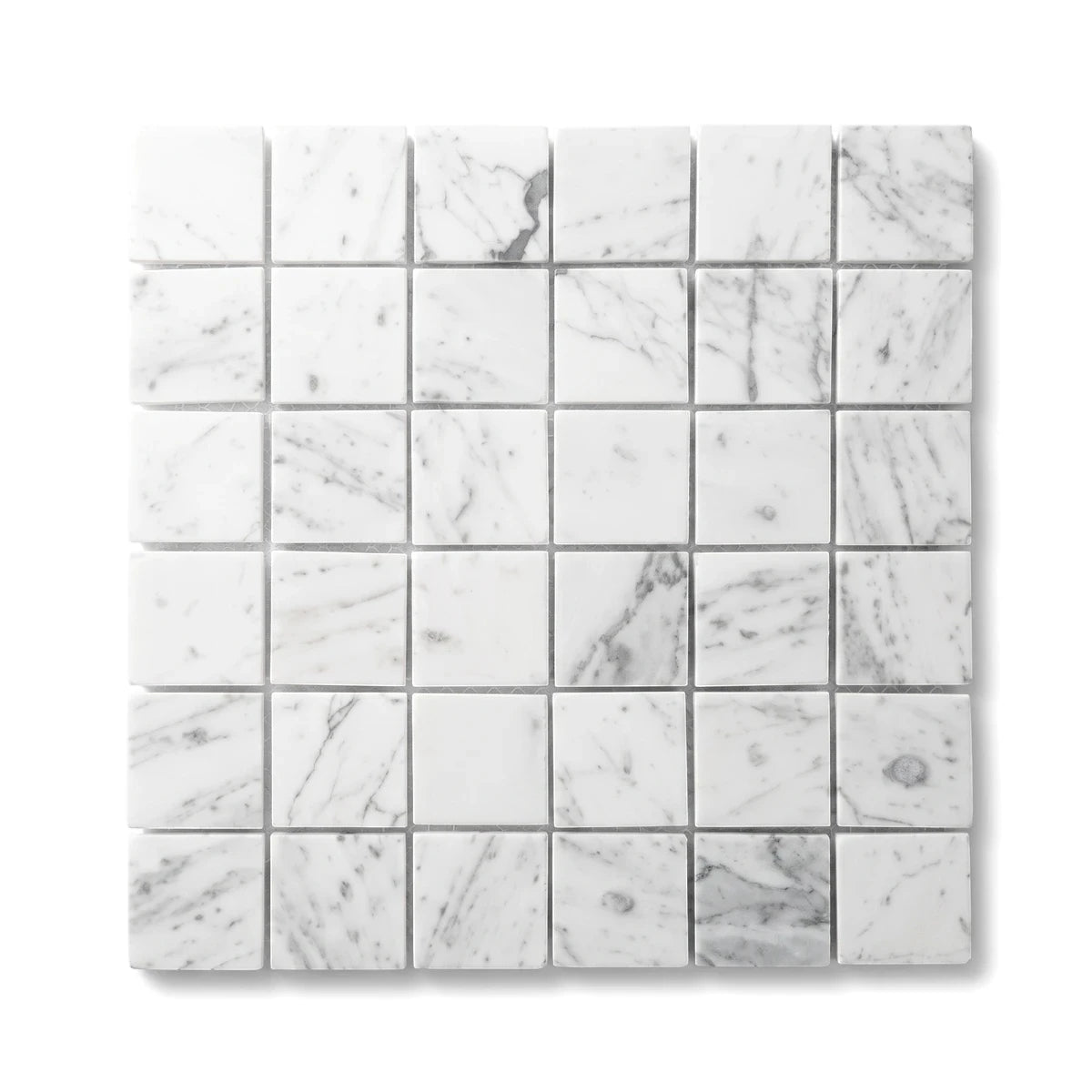 Serenity Marble Mosaic Tile featuring white and grey natural stone, arranged in small square pieces, ideal for modern