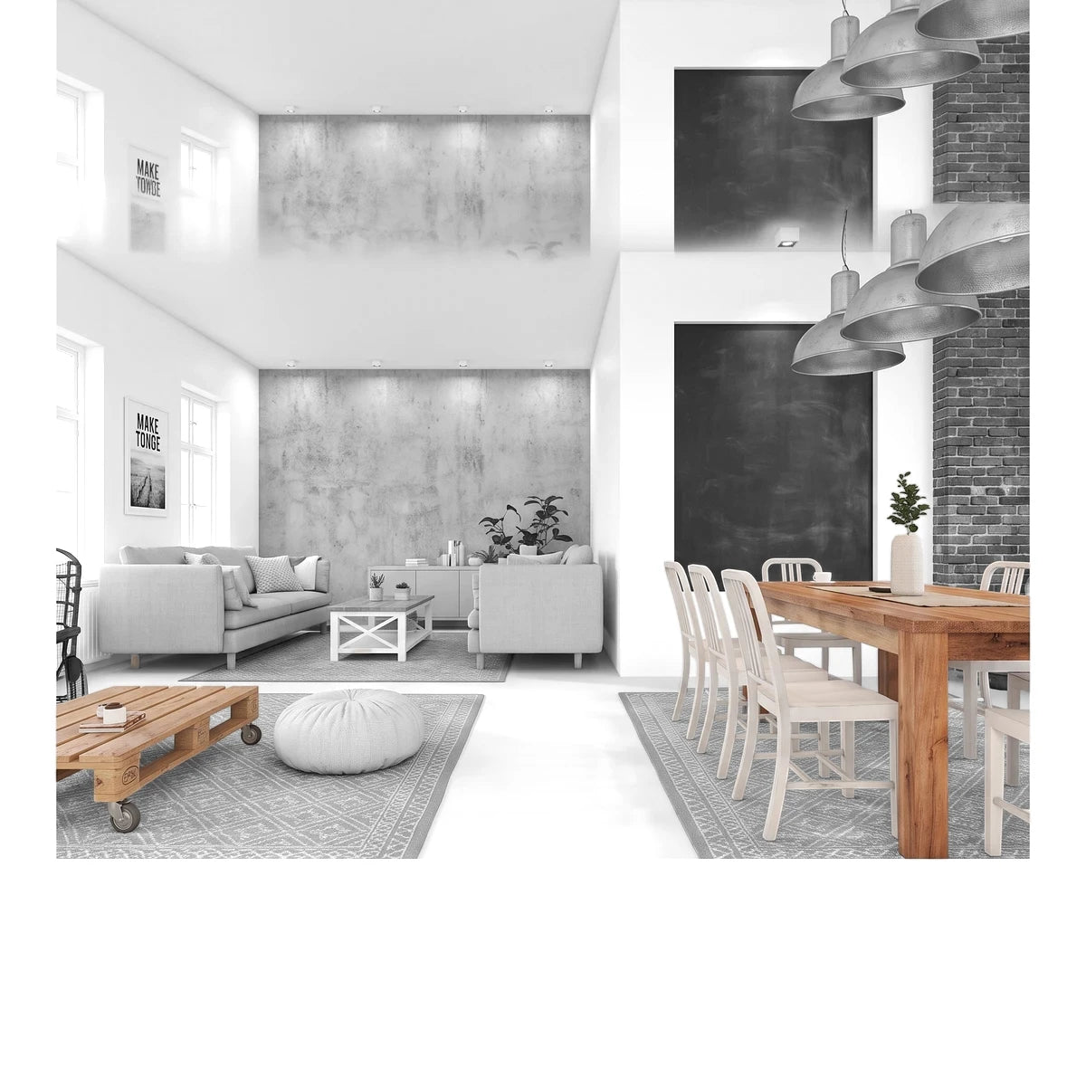 A modern open-plan living and dining room with Sherwood Walnut 24x49cm floor tiles, a light gray sofa, and a wooden dining