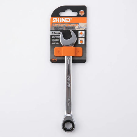 Shind 13mm chrome ratchet spanner in black and orange packaging, with its size and features detailed, displayed vertically