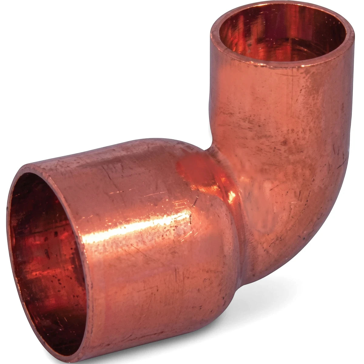 A shiny copper 90-degree elbow plumbing fitting with two open ends, used for connecting pipes at a right angle.
