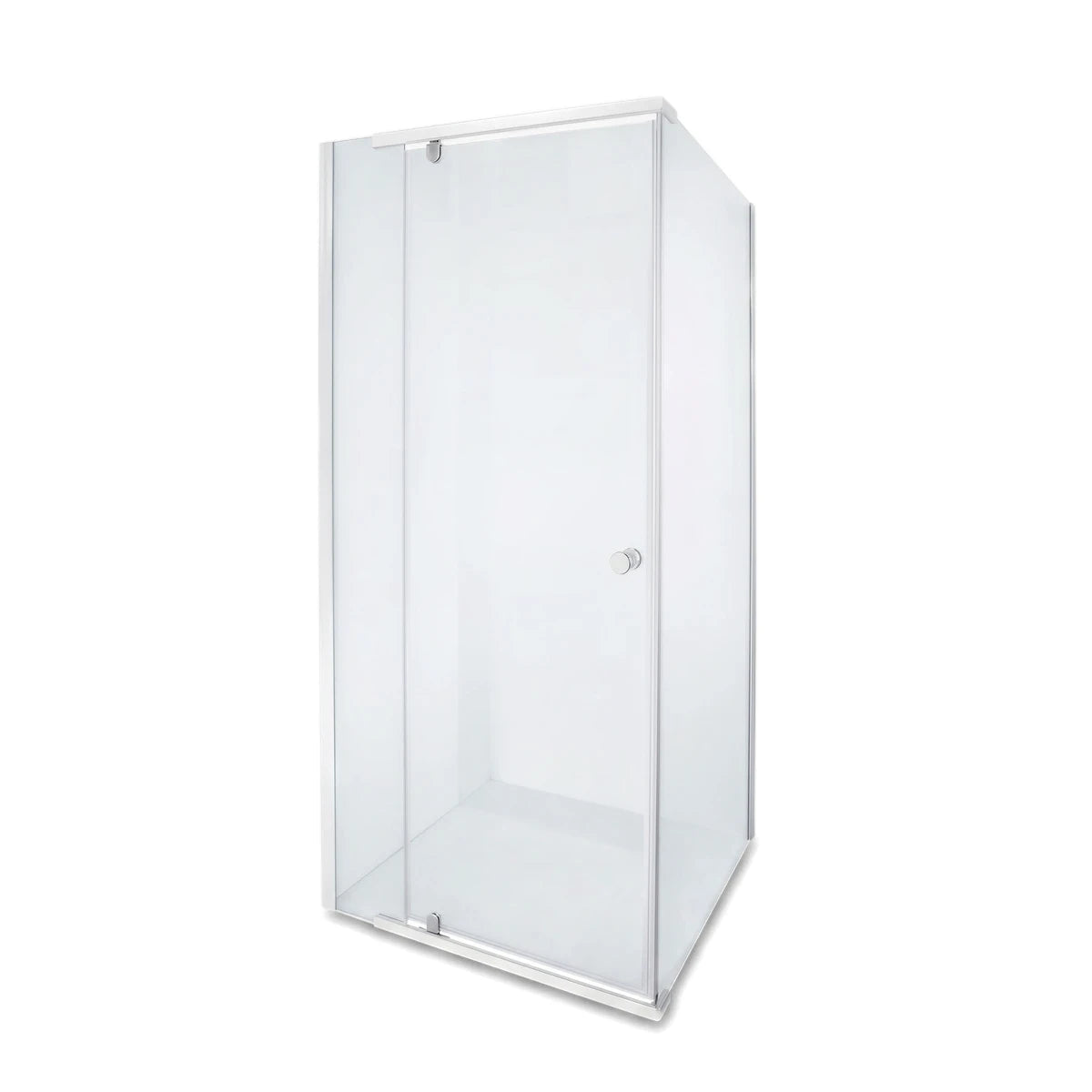 Shower Door Alpine Bright Chrome Pivot, featuring clear glass panels and a sleek silver frame on a white background.