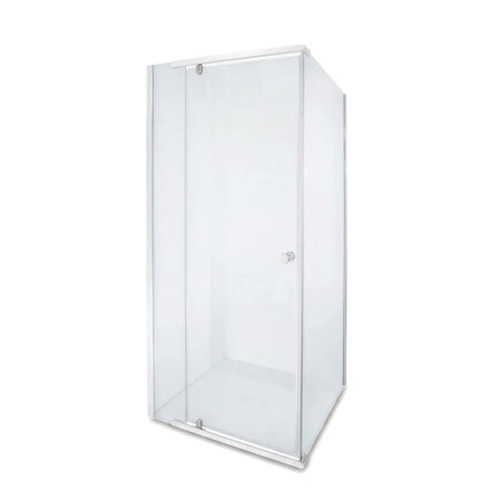 Shower Door Alpine Bright Chrome Pivot, featuring clear glass panels and a sleek silver frame on a white background.