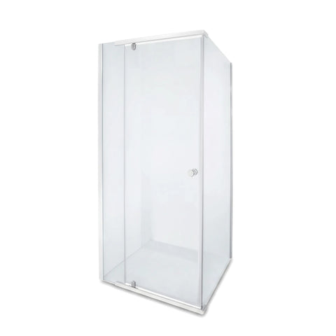 Shower Door Alpine Bright Chrome Pivot, featuring clear glass panels and a sleek silver frame on a white background.