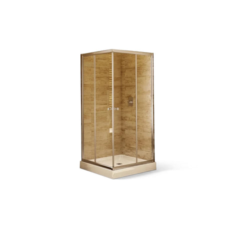 Modern Shower Door Aqua Lux with bright chrome frame, clear glass panels, and a white base, suitable for bathroom enclosures.