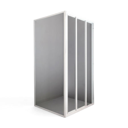 Clear shower door trimatic combo 800 with a vertical framed design and three gray panels, viewed from an angle.