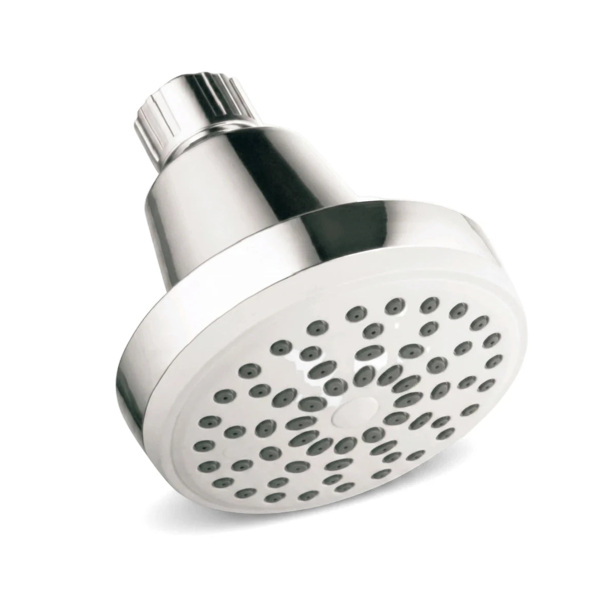 Angled view of a chrome and white Shower Head 3 Series shower head with multiple gray nozzles, showing its sleek design.
