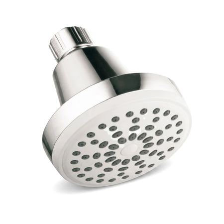 Angled view of a chrome and white Shower Head 3 Series shower head with multiple gray nozzles, showing its sleek design.