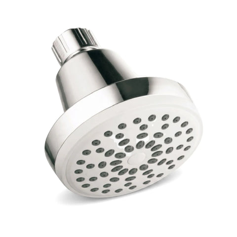 Angled view of a chrome and white Shower Head 3 Series shower head with multiple gray nozzles, showing its sleek design.