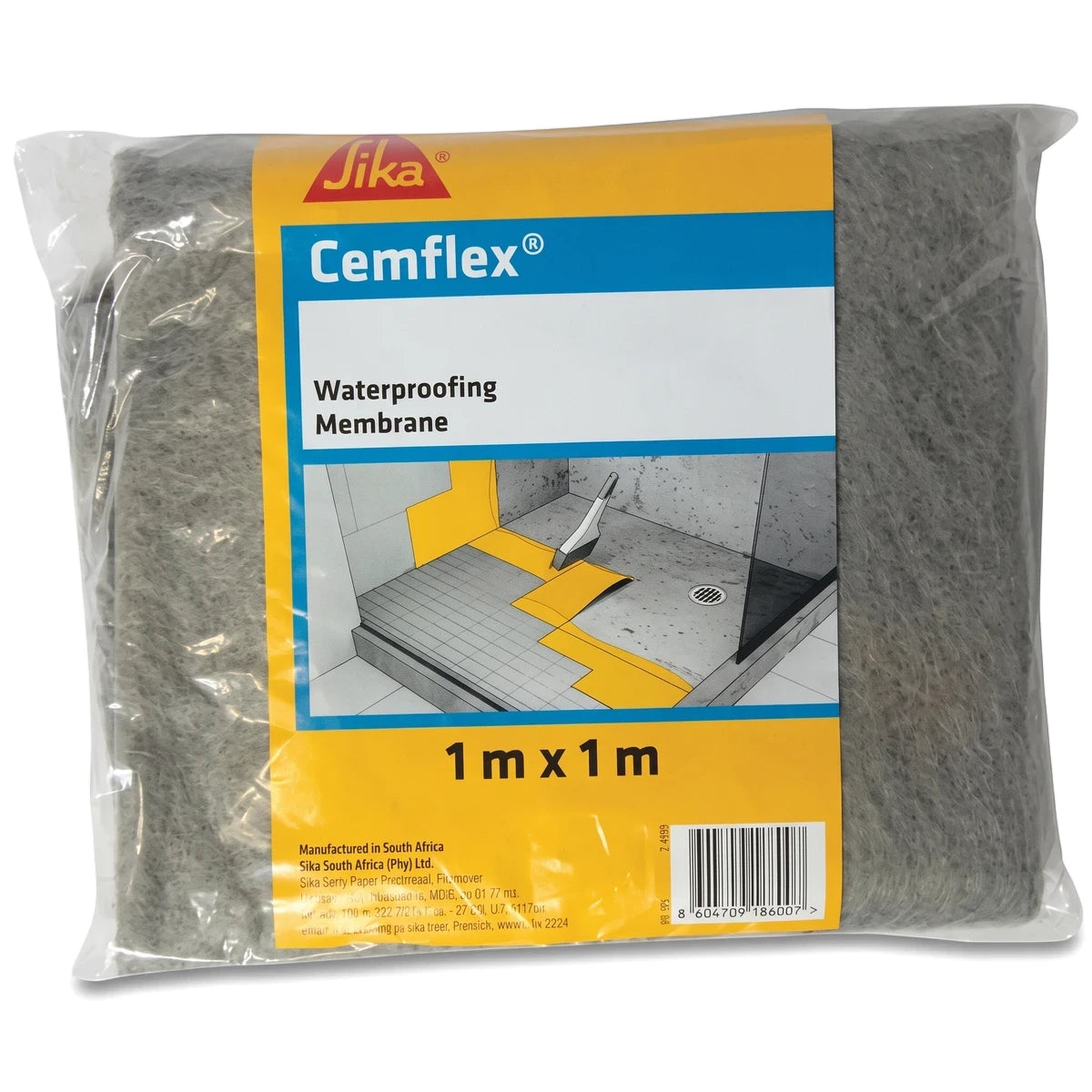 Sika Cemflex waterproofing membrane, gray 1m x 1m packaged roll, for sealing surfaces against water damage.