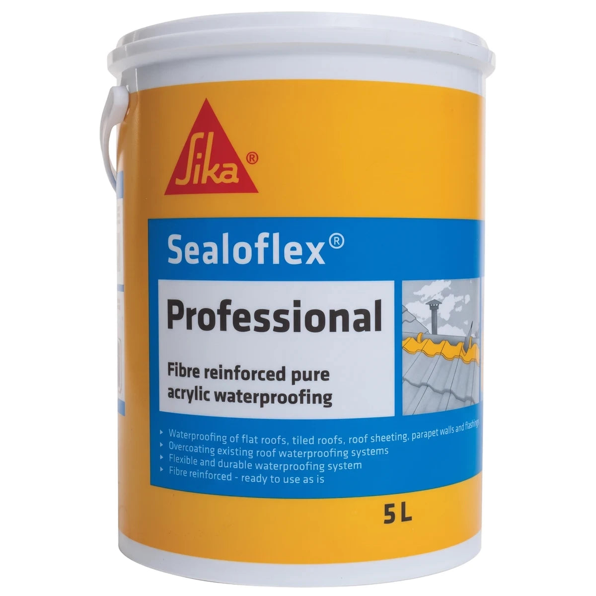 Sika Sealoflex Professional 5L fibre reinforced pure acrylic waterproofing in a yellow bucket with a blue label and white