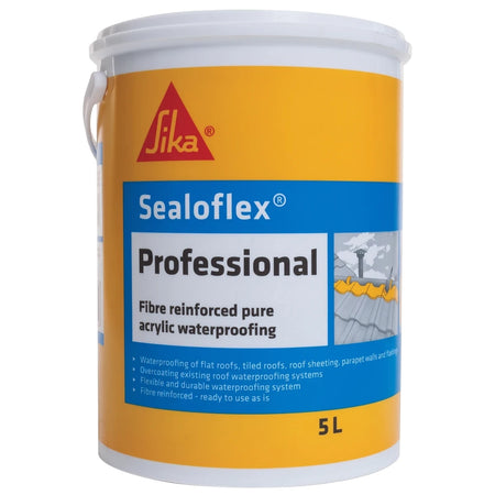 Sika Sealoflex Professional 5L fibre reinforced pure acrylic waterproofing in a yellow bucket with a blue label and white