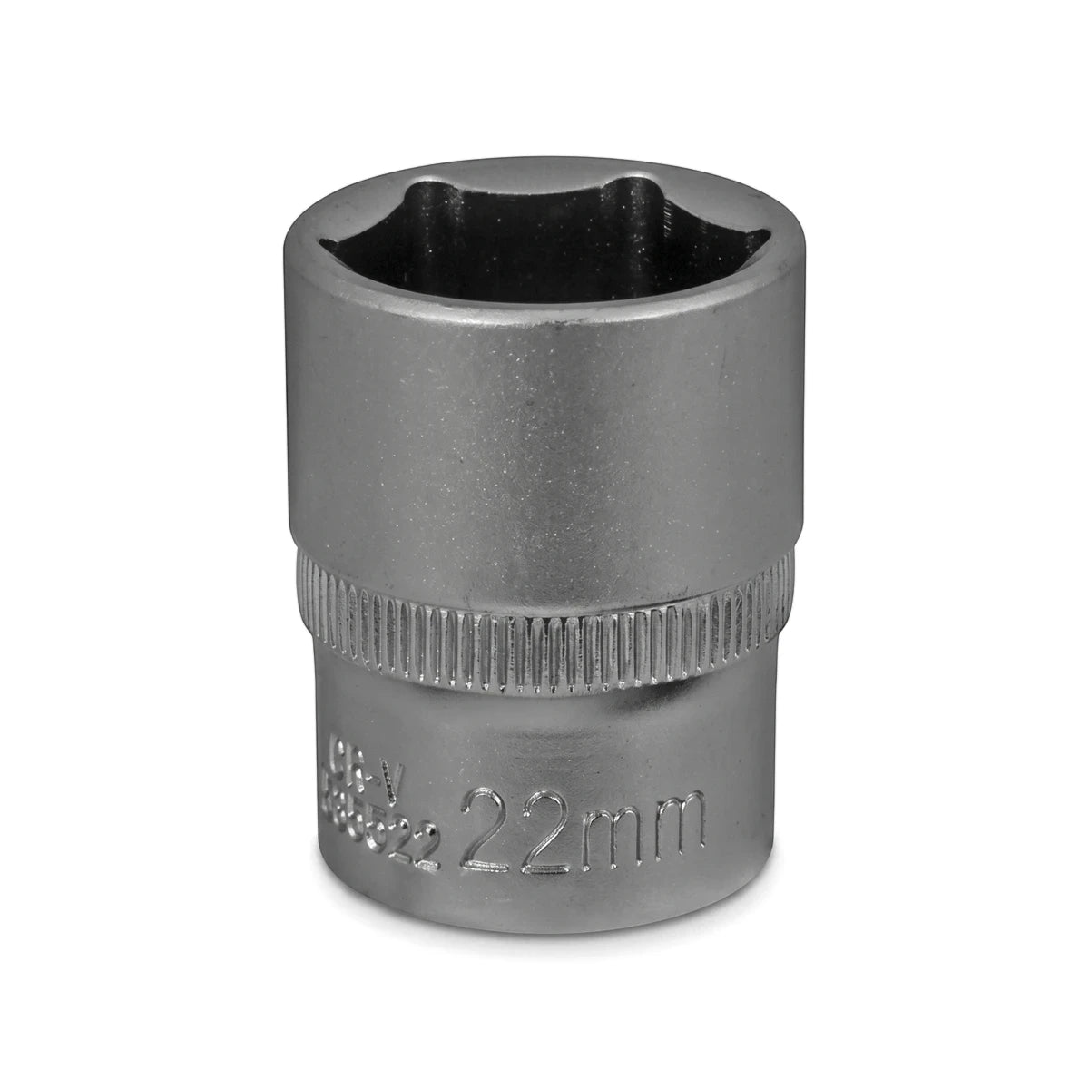Silver 1/2-inch drive 6-point 22mm hex socket for wrenches and ratchets, shown in a close-up studio shot.
