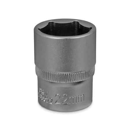 Silver 1/2-inch drive 6-point 22mm hex socket for wrenches and ratchets, shown in a close-up studio shot.