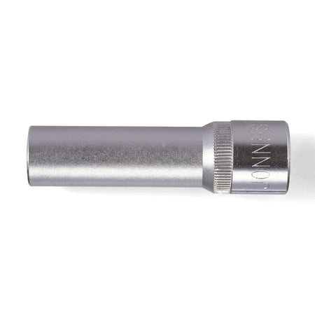 Silver 1/2-Inch Drive 6-Point Deep Hex Socket, 32mm, a durable metallic hand tool for mechanical tasks.
